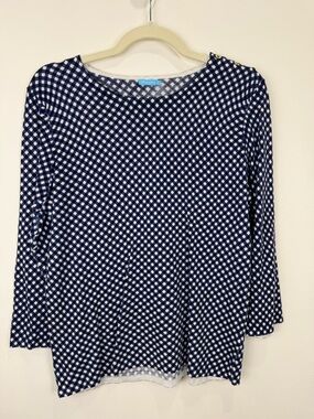 McLaughlin Blue Gingham Knit Top Gold Button Shoulder Cottagecore S